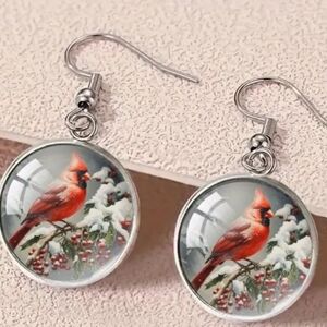 Christmas Gift earrings animal print Vintage Red cardigan bird glass dangle‎